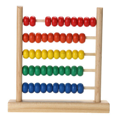 frontal view of natural wooden abacus with multicolor beads on 5 rungs
