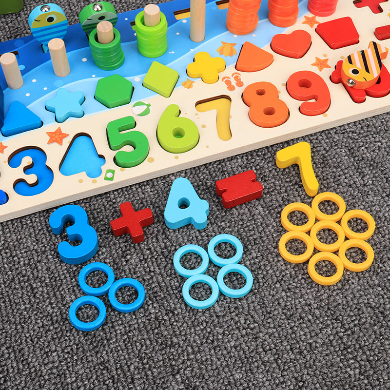 photo demonstrates how this puzzle can be used to learn math skils with addition and subtraction usin wooden circles for counting