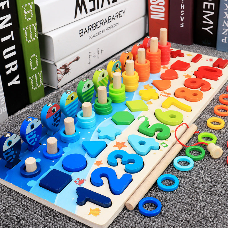 Puzzle style wooden tray with multicolor shapes, numbers, rings and magnetic fish with magnetic pole