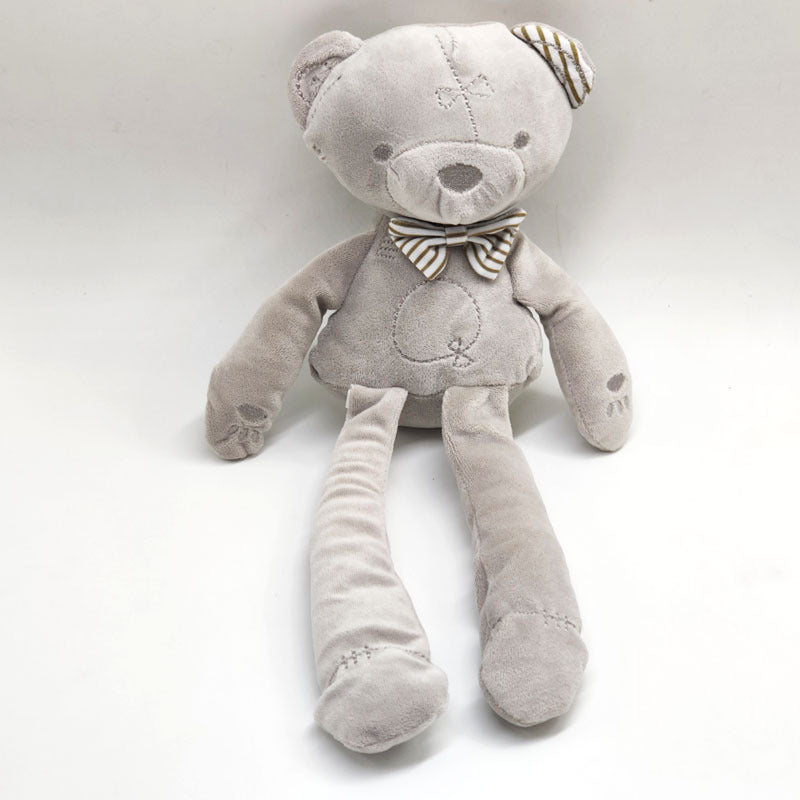 plush gray bear with long arms and legs with brown/white striped bowtie