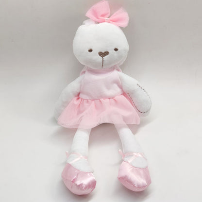 White bunny plush toy with long arms and legs with pink bow on her head, pink tutu and pink ballet slippers with are satin