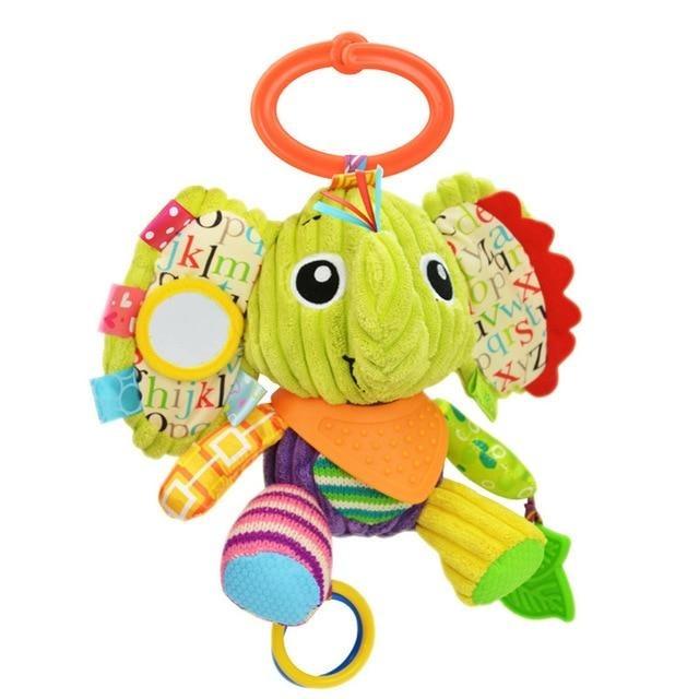 multicolored elephant plush toy with teething rings and toys and multiple fabrics on his extremities. Elephant with lime green head and ears made with plush ribbed material 