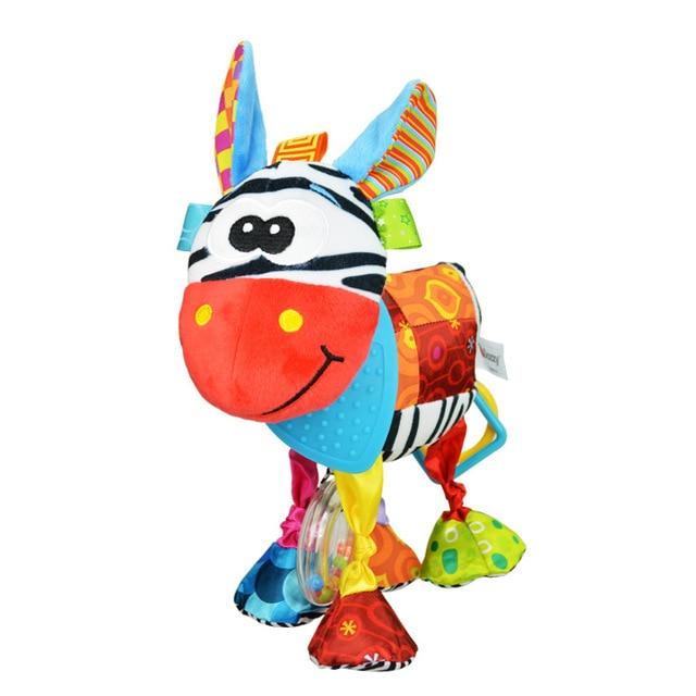 plush zebra toy made with patchwork of materials all over body with 2 areas with zebra stripe fabric and red orange muzzle