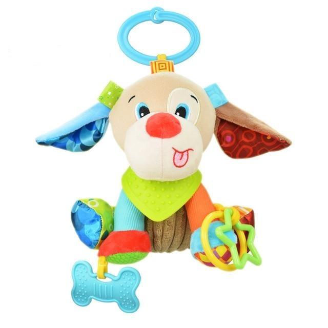 plush puppy with patchwork of multiple materials all over body with teething ring attached