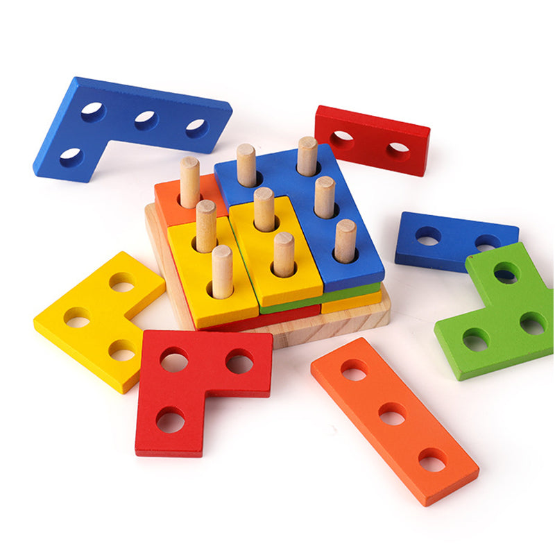 partially assembled wooden stacking puzzle with exposed wooden dowels