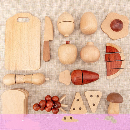 natural multicolor wood toy set with cutting board, knife, fruits and veggies and bread