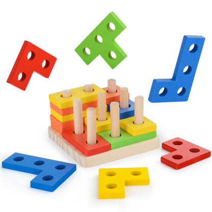 wooden stacking puzzle with dowels and colorful pieces pictured around
