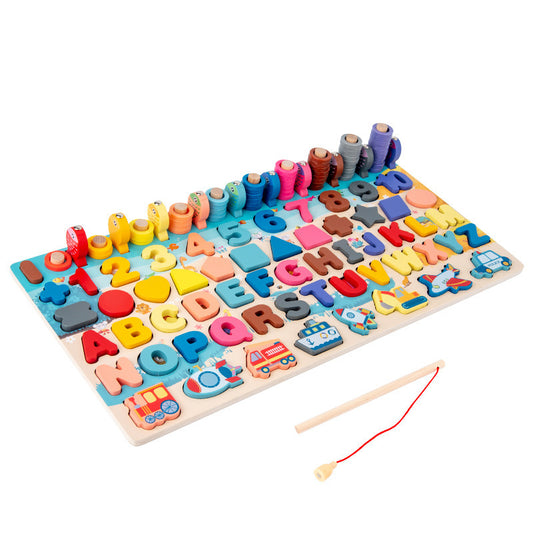 multicolor numbers, shapes and alphabet board with rings for counting and magnetic fish and vehicles with magnetic fishing pole included. pictured on a white background