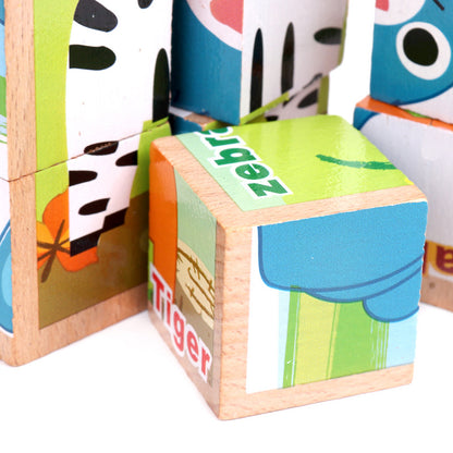 close up image of wooden blocks of the puzzle with decals