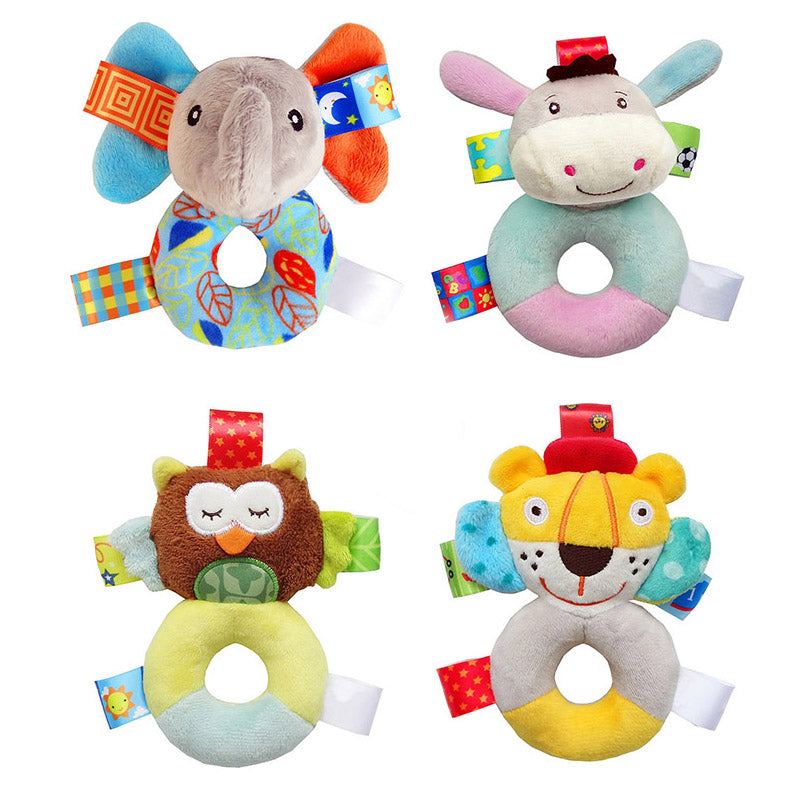 image of multiple plush rattles with tags including elephant, horse, owl and tiger