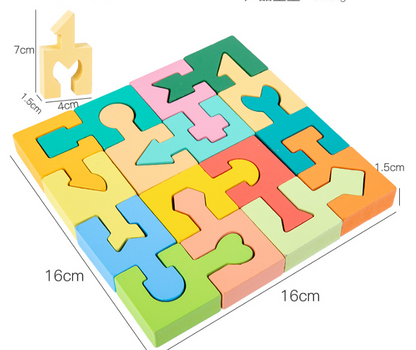dimensions of entire puzzle shown at 16x16 x 1.5cm and puzzle piece at 7 cm x 4 cm