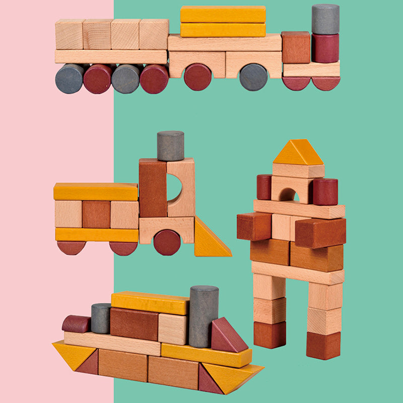 blocks pictured in 4 different imaginative ways  making trains, towers and boats