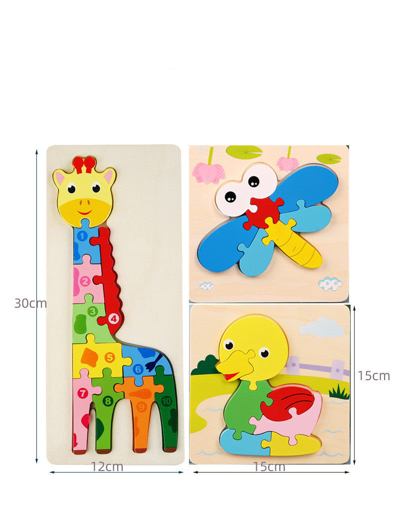 Giraffe puzzle with dimensions of 12x30cm, dragonfly and duck puzzles with 15x15cm dimensions