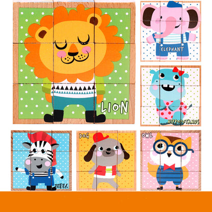 animals puzzles with lion, elephant, hippo, zebra, dog and owl. these animals are dressed and look more like cartoons