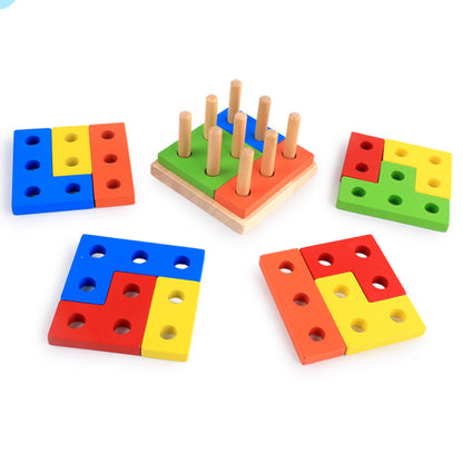 partially assembled puzzle with exposed dowels with pieces assembled nearby to make the shapes of a square