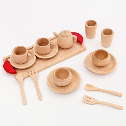 view from above of wooden tea set on white background