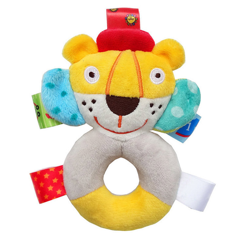 yellow, white and grey tiger rattle with circular plush handle for the body and multicolor sensory tags attached