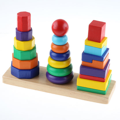 3 multicolor block towers on dowels, octagon, round and square