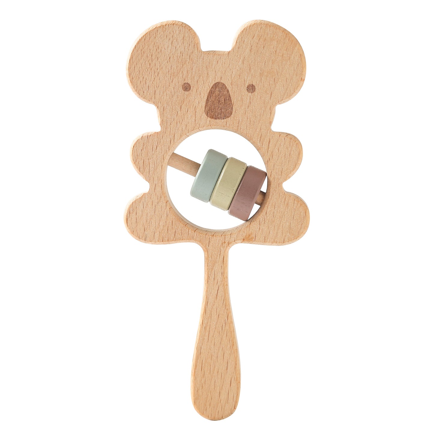 long handle natural wood koala rattle with pastel color rings in center as rattles