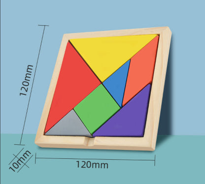 7 piece puzzle mostly composed of triangles configured in a square with dimensions of 120mm x 120mm.