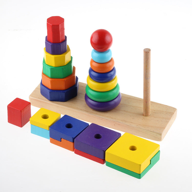 two multicolor towers stacked and one with the blocks laid out in front so that the dowel is visible and the holes in the blocks are too