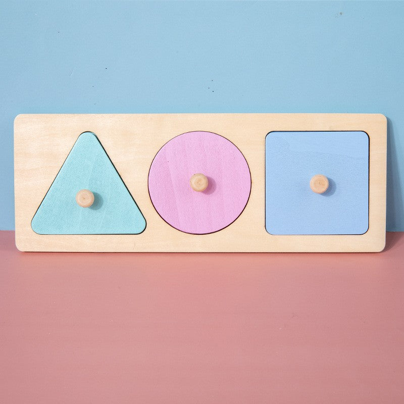 3 piece magnetic puzzle with shapes of triangle, circle and square