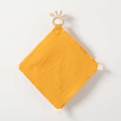 gold teething towel with tan teething ring
