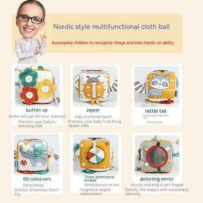 image showing the multiple features of the activity block including button up, zipper, rattle tail, beeping ears, 3D football, distorting mirror