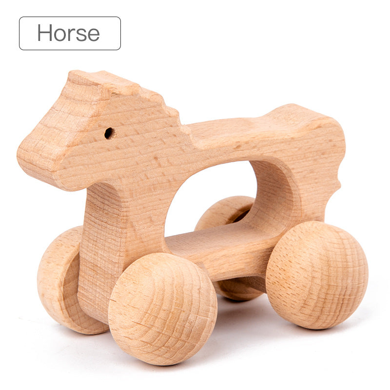 horse rolling animal toy with natural wood and large round wheels. opening in center of toy for gripping