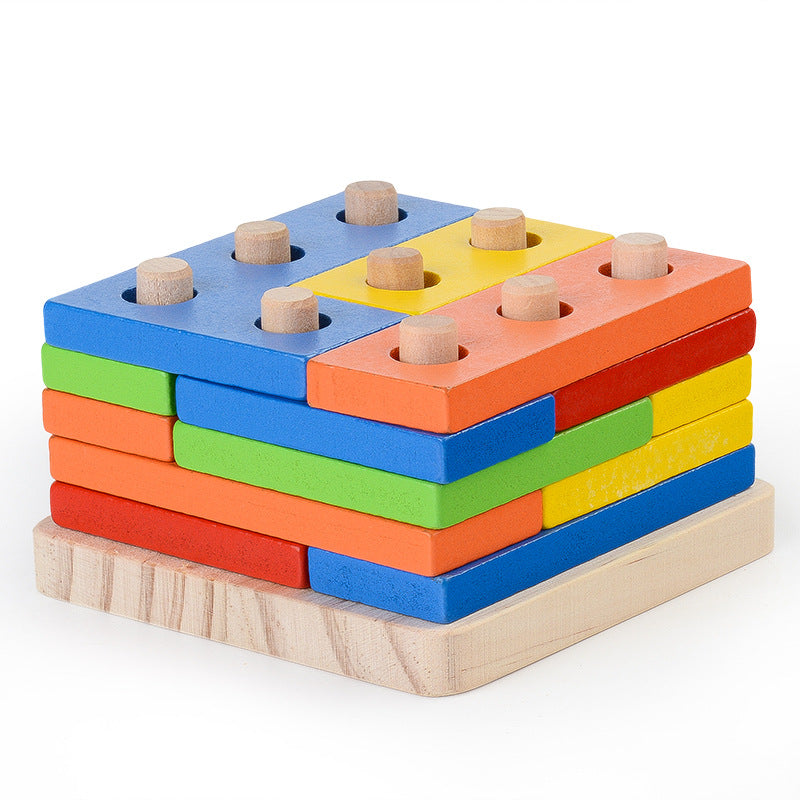 Wooden stacking puzzle with 12 wooden dowels and multicolored pieces with holes that fit over the dowels