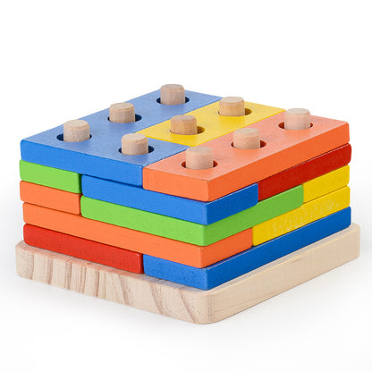 Wooden stacking puzzle with 12 wooden dowels and multicolored pieces with holes that fit over the dowels