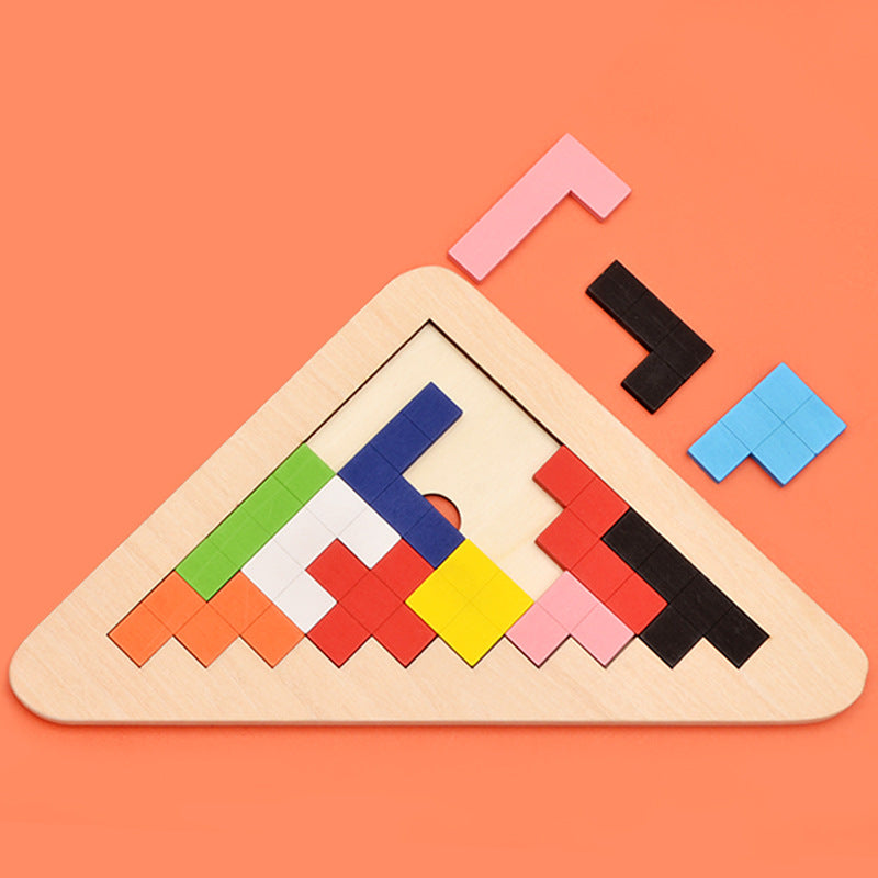 triangular puzzle made up of multiple differently shaped pieces that are composed of assembled squares