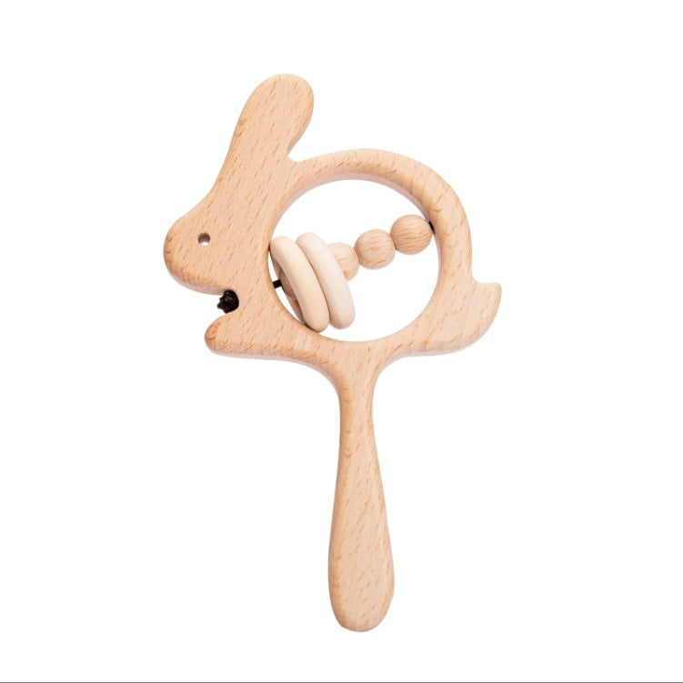 natural wood bunny rattle with wooden rings as rattle and long handle