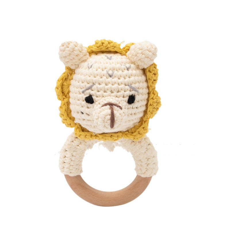 Lion crochet teething ring with natural wood handle