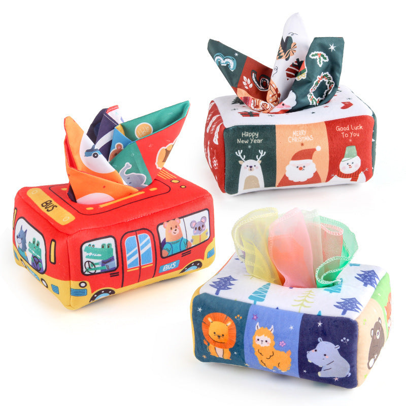 group of three 'tissue' boxes with brightly colored sides and tissues