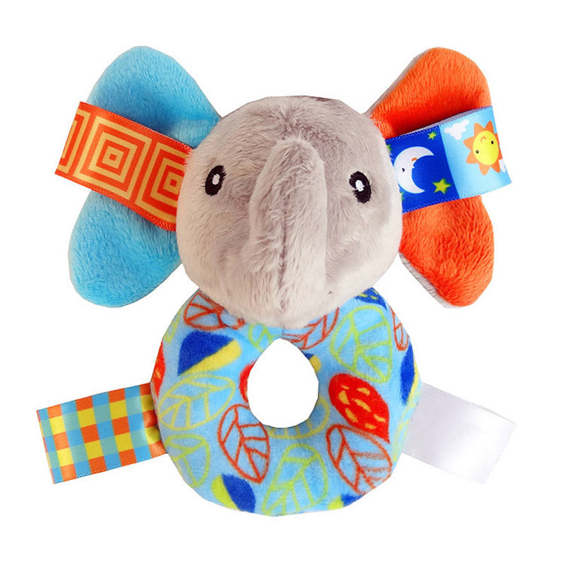 grey, blue and orange plush rattle with circular plush handle for the body and multicolor sensory tags attached