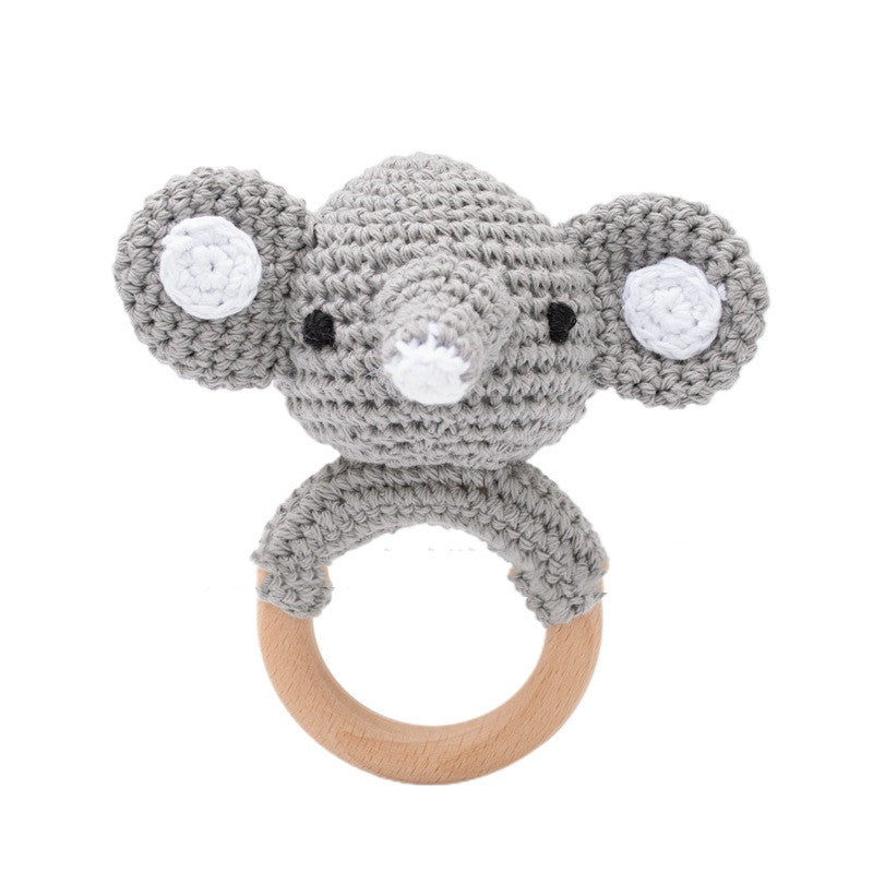 Elephant crochet teething ring with natural wood handle