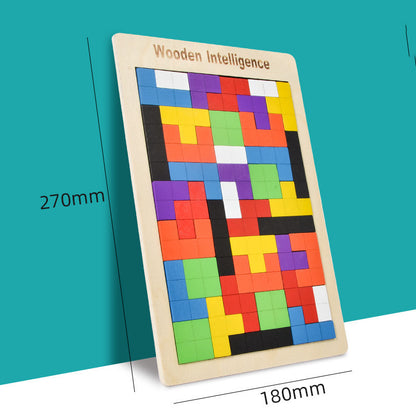 multicolor puzzle with pieces with right angles that are composed of multiple squares with overall dimensions of 270mm x 180 mm