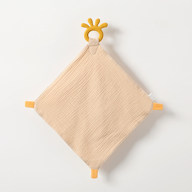 tan teething towel with gold teething ring