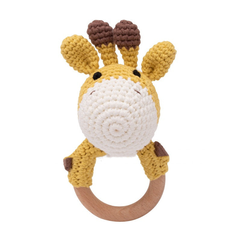 Giraffe crochet teething ring with natural wood handle