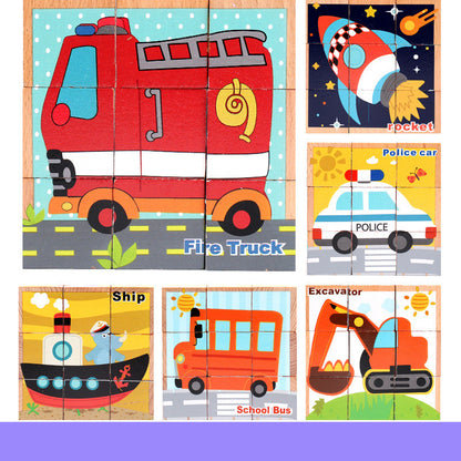 vehicle puzzles including fire truck, rocket, police car, excavator, school bus and ship
