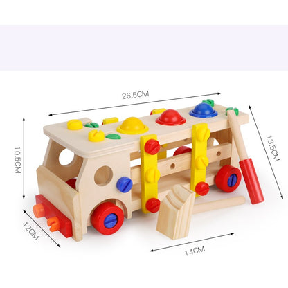 dimensions of toy tool truck at 26.5cm long by 10.5 cm high by 12 cm wide with toy hammer being 14 cm long and screwdriver is 13.5 cm long