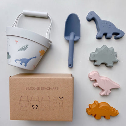 Silicone shovel, pail and 4 multicolored dinosaur molds with gift box