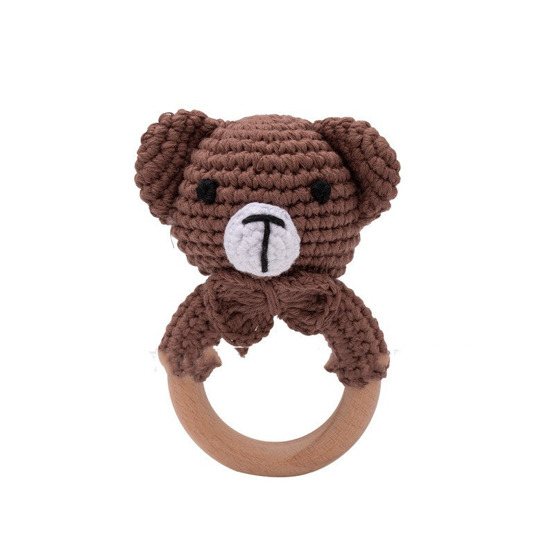Bear crochet teething ring with natural wood handle