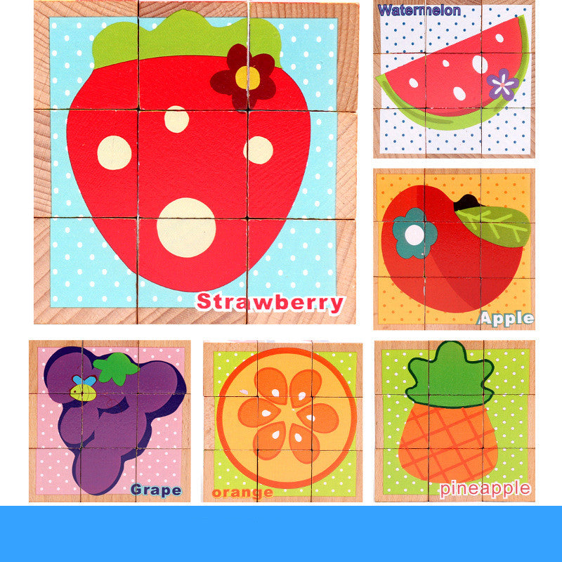 fruit puzzles with strawberry, watermelon, apple, grape, orange and pineapple