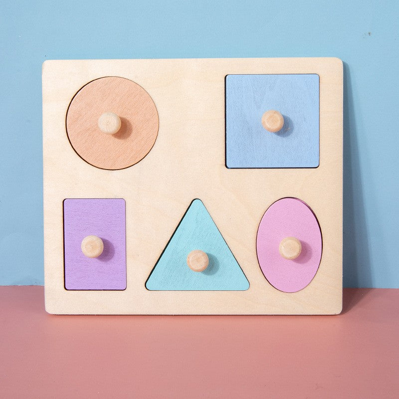 5 piece magnetic puzzle on wooden board with cutouts in circle, square, rectangle, triangle and oval. Each piece is a different color and has handles