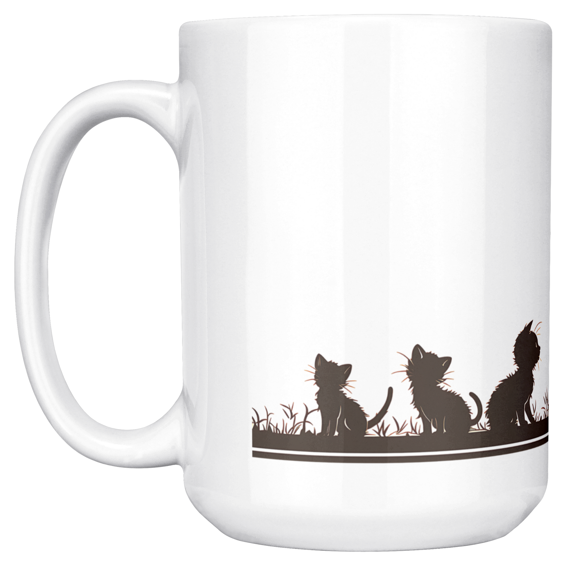 Charming white ceramic coffee mug featuring a heartwarming black silhouette design of a proud Papa cat watching over four playful kittens in a grassy setting. A butterfly flutters above, adding a whimsical touch to the peaceful scene. The wraparound artwork is beautifully printed across the surface, making it a perfect gift for cat Dad, feline lovers, or anyone who enjoys cozy mornings with a touch of pet-inspired charm. Durable, high-quality mug ideal for daily use or gifting.