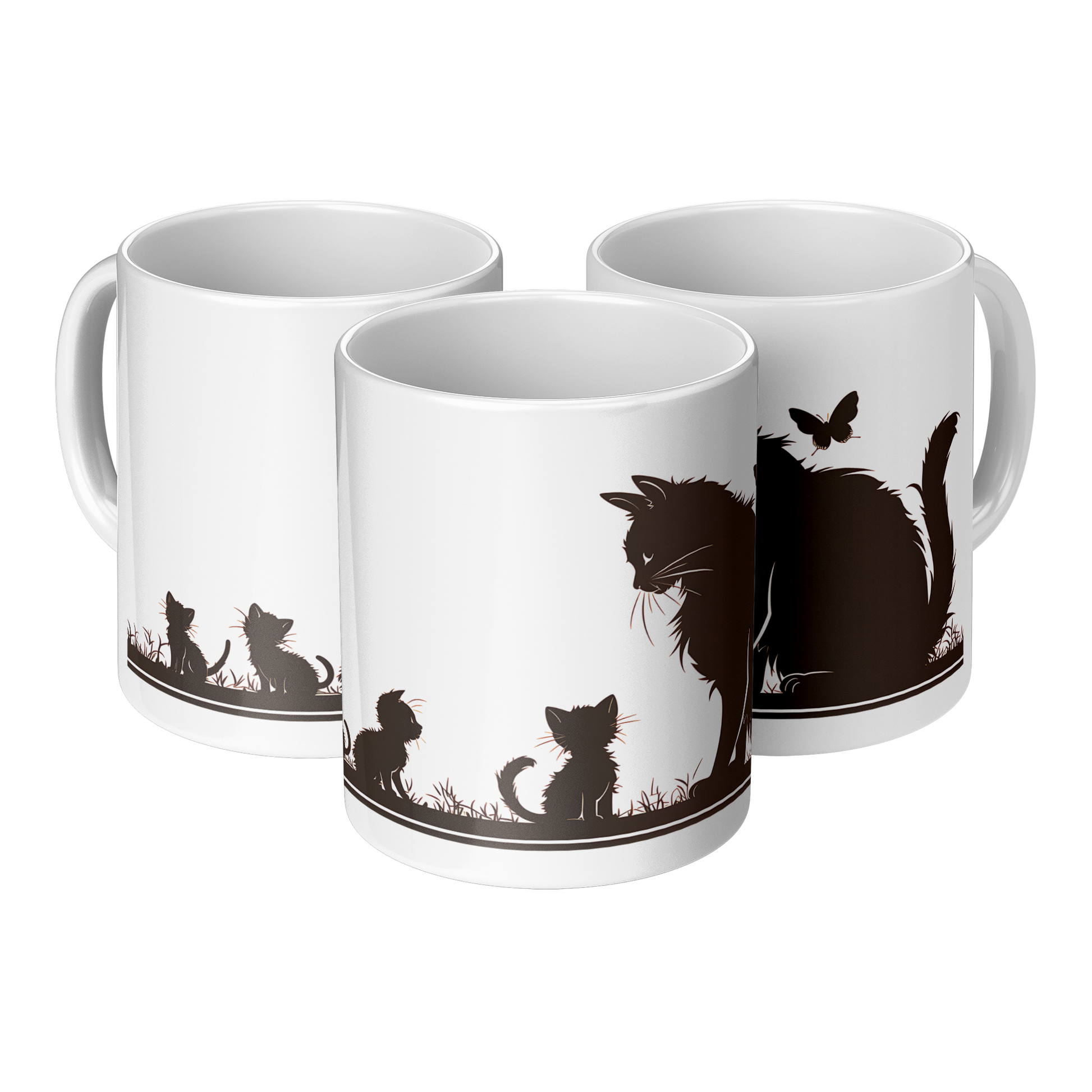 Charming white ceramic coffee mug featuring a heartwarming black silhouette design of a proud Papa cat watching over four playful kittens in a grassy setting. A butterfly flutters above, adding a whimsical touch to the peaceful scene. The wraparound artwork is beautifully printed across the surface, making it a perfect gift for cat Dad, feline lovers, or anyone who enjoys cozy mornings with a touch of pet-inspired charm. Durable, high-quality mug ideal for daily use or gifting.