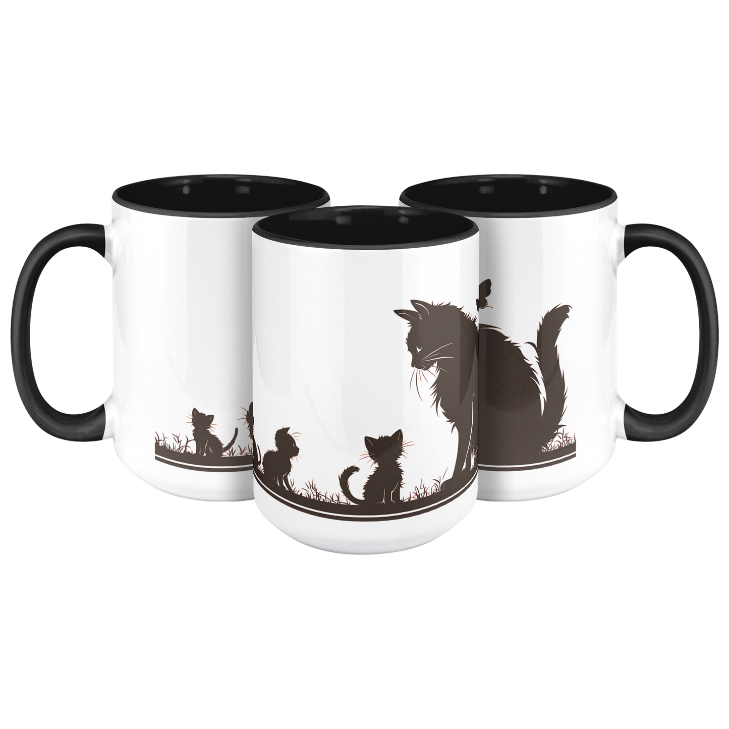 Stylish white ceramic mug with black handle and interior, featuring a wraparound black silhouette design of a papa cat sitting serenely with four playful kittens in a grassy meadow. A butterfly hovers gently above, adding a whimsical charm to the heartwarming scene. The artwork spans the full circumference of the mug, making it visually engaging from all angles. Perfect gift for cat dads, feline lovers, and anyone who appreciates cozy, artistic, pet-themed drinkware. Durable and dishwasher-safe.