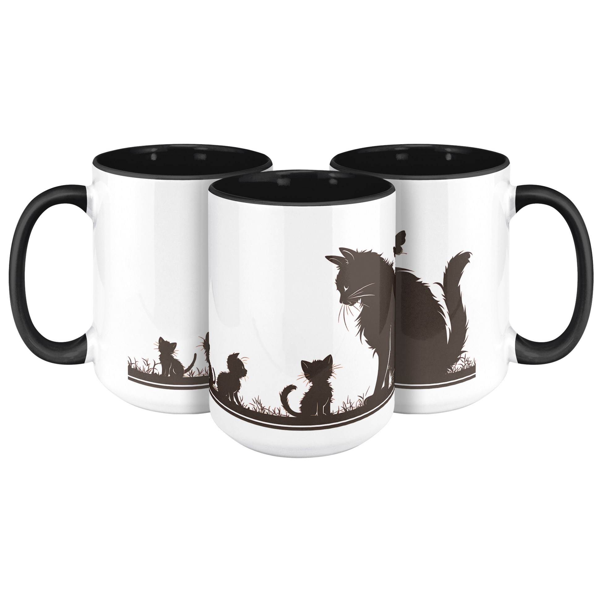 Stylish white ceramic mug with black handle and interior, featuring a wraparound black silhouette design of a papa cat sitting serenely with four playful kittens in a grassy meadow. A butterfly hovers gently above, adding a whimsical charm to the heartwarming scene. The artwork spans the full circumference of the mug, making it visually engaging from all angles. Perfect gift for cat dads, feline lovers, and anyone who appreciates cozy, artistic, pet-themed drinkware. Durable and dishwasher-safe.
